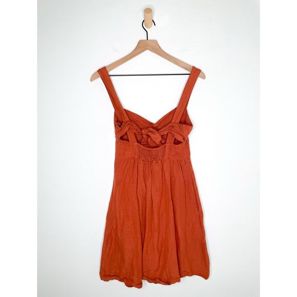 Maeve Linen Twist Front Mini Dress XS Burnt Orange Tie Back Bow Cottagecore - Picture 9 of 12